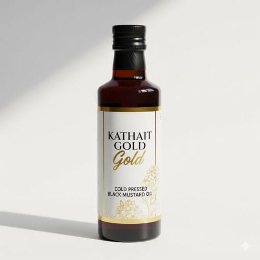 A Product Photo Of The Kathait Gold Cold Pressed Black Mustard Oil Bottle, Featuring Its Elegant Label, On A Clean White Background.