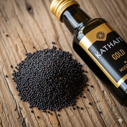 A Close-Up Of Premium Black Mustard Seeds Next To A Bottle Of Kathait Gold Cold Pressed Mustard Oil, Showcasing The Pure Ingredients.