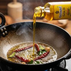 Kathait Gold Sarson Ka Tel Being Poured Into A Traditional Indian Kadhai, Sizzling With Spices, Perfect For Authentic Cooking In Roorkee.