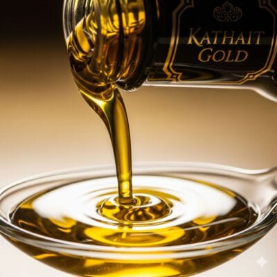 A Macro Shot Capturing The Rich Golden Texture And Purity Of Unrefined Kathait Gold Mustard Oil As It Is Poured Into A Clear Spoon.