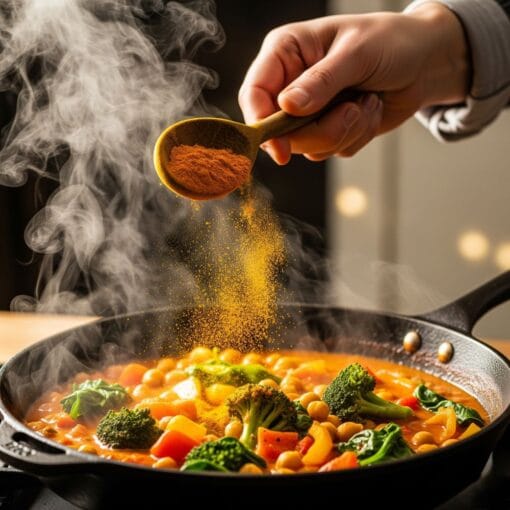 A Dynamic Action Shot Of Pure Turmeric Powder Being Sprinkled From A Wooden Spoon Into A Simmering Vegetable Curry, Demonstrating Its Use In Everyday Cooking.