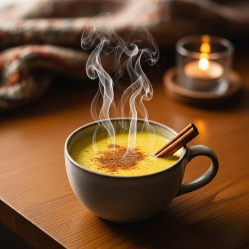 A Steaming Mug Of Healthy Golden Milk, Made With Kathait Gold Turmeric, Garnished With A Cinnamon Stick On A Cozy Wooden Table, Representing Wellness And Comfort.