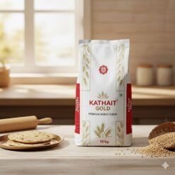 Front View Of A 10 Kg Bag Of Kathait Gold Premium Wheat Flour On A Clean White Background.