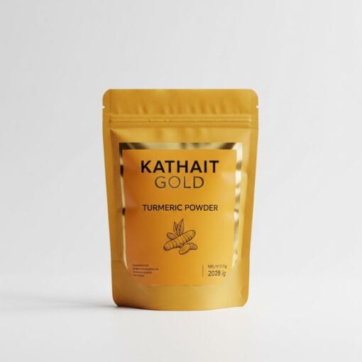 A Professional Product Photo Of The Kathait Gold Turmeric Powder Sealed Pouch On A Clean White Background, Showcasing The Brand'S Clear And Elegant Packaging.