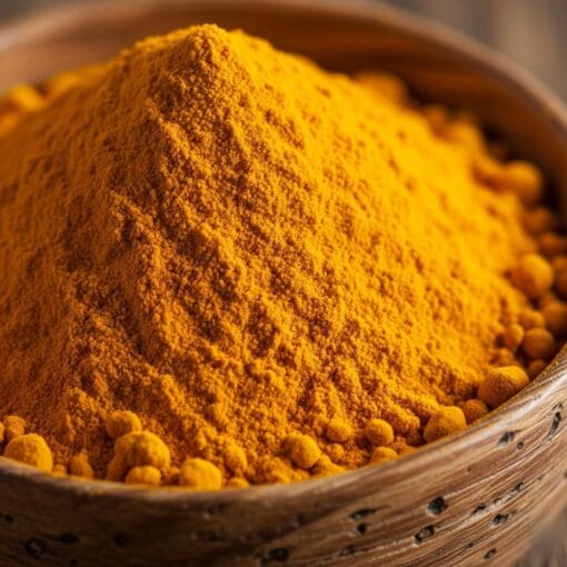 A Close-Up Macro Shot Of Vibrant, Finely Ground Kathait Gold Turmeric Powder In A Rustic Wooden Bowl, Highlighting Its Pure, Smooth Texture And Rich Golden Color.