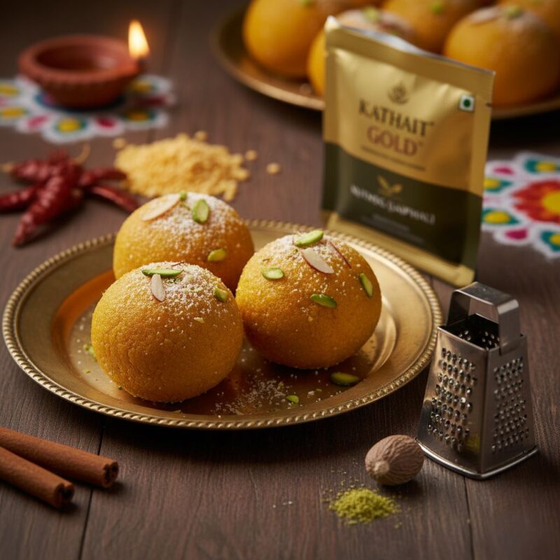 Celebrate with Flavor: The Essential Spices for Navratri, Dussehra, and Diwali with Kathait Gold 3 Homemade Besan Ladoos For Diwali, Garnished With Pistachios, Showcasing The Rich, Golden Texture Achieved By Using Pure Ingredients And Aromatic Kathait Gold Spices.