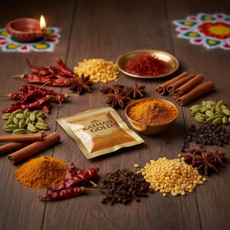 Celebrate with Flavor: The Essential Spices for Navratri, Dussehra, and Diwali with Kathait Gold 1 A Vibrant Collection Of Pure Indian Festive Spices From Kathait Gold, Including Turmeric, Cloves, And Cardamom, Beautifully Arranged For Navratri, Dussehra, And Diwali Cooking.