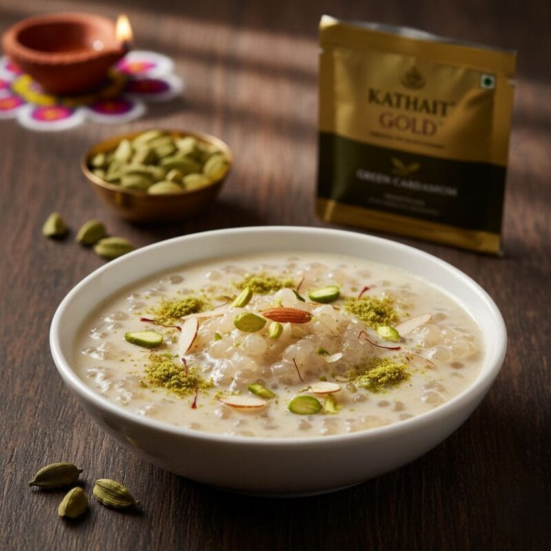 Celebrate with Flavor: The Essential Spices for Navratri, Dussehra, and Diwali with Kathait Gold 2 A Creamy Bowl Of Sabudana Kheer, A Popular Navratri Fasting Dessert, Delicately Flavoured With Aromatic Kathait Gold Green Cardamom And Garnished With Saffron.