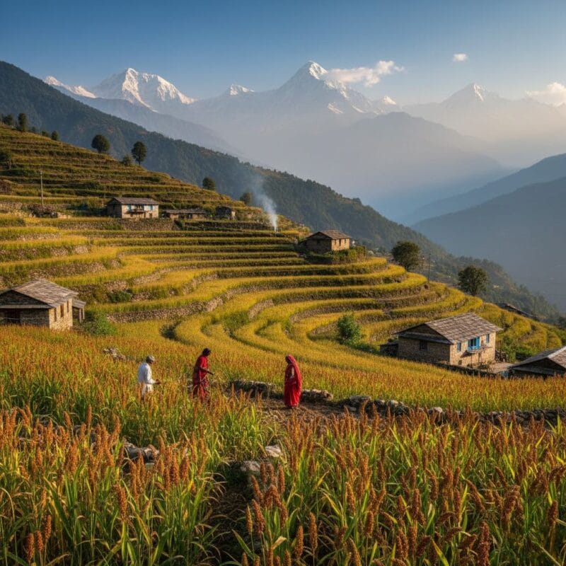 7 Incredible Health Benefits of Mandua Atta You Need to Know 2 Mandua Atta, Villagers In Traditional Red Clothing Walk Through Golden, Terraced Millet Fields In A Himalayan Mountain Village, With Snow-Capped Peaks In The Background.