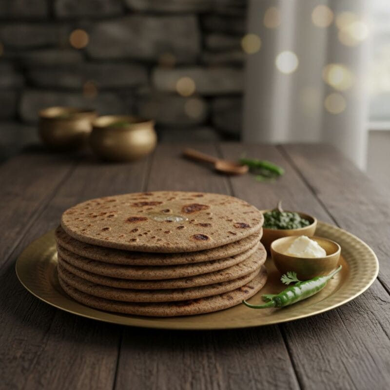 7 Incredible Health Benefits of Mandua Atta You Need to Know 3 Warm Stack Of Homemade Mandua Ki Roti (Ragi Flatbread) With A Dollop Of Melting Ghee, Served On A Traditional Brass Plate With White Butter And Green Chutney.