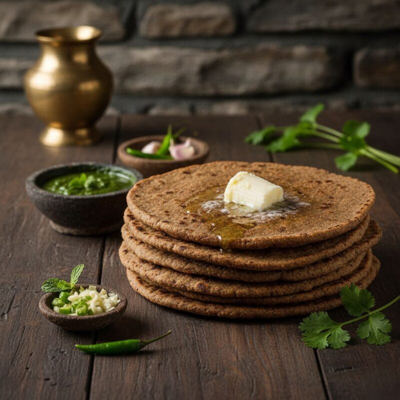 7 Incredible Health Benefits of Mandua Atta You Need to Know 1 Stack Of Authentic Garhwali Mandua Attta Ki Roti (Ragi Flatbread) With Melting Ghee, Served With Green Chutney On A Wooden Table.