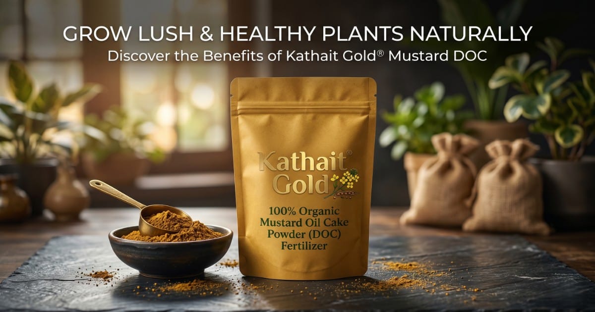 Mustard Oil Cake Fertilizer Hindi Guide – कठैत गोल्ड 1 A Gold Pouch Of Kathait Gold Organic Mustard Oil Cake Fertilizer Next To A Bowl Of The Powder, Surrounded By Lush Potted Plants. Text Overlay Reads: &Quot;Grow Lush &Amp; Healthy Plants Naturally.