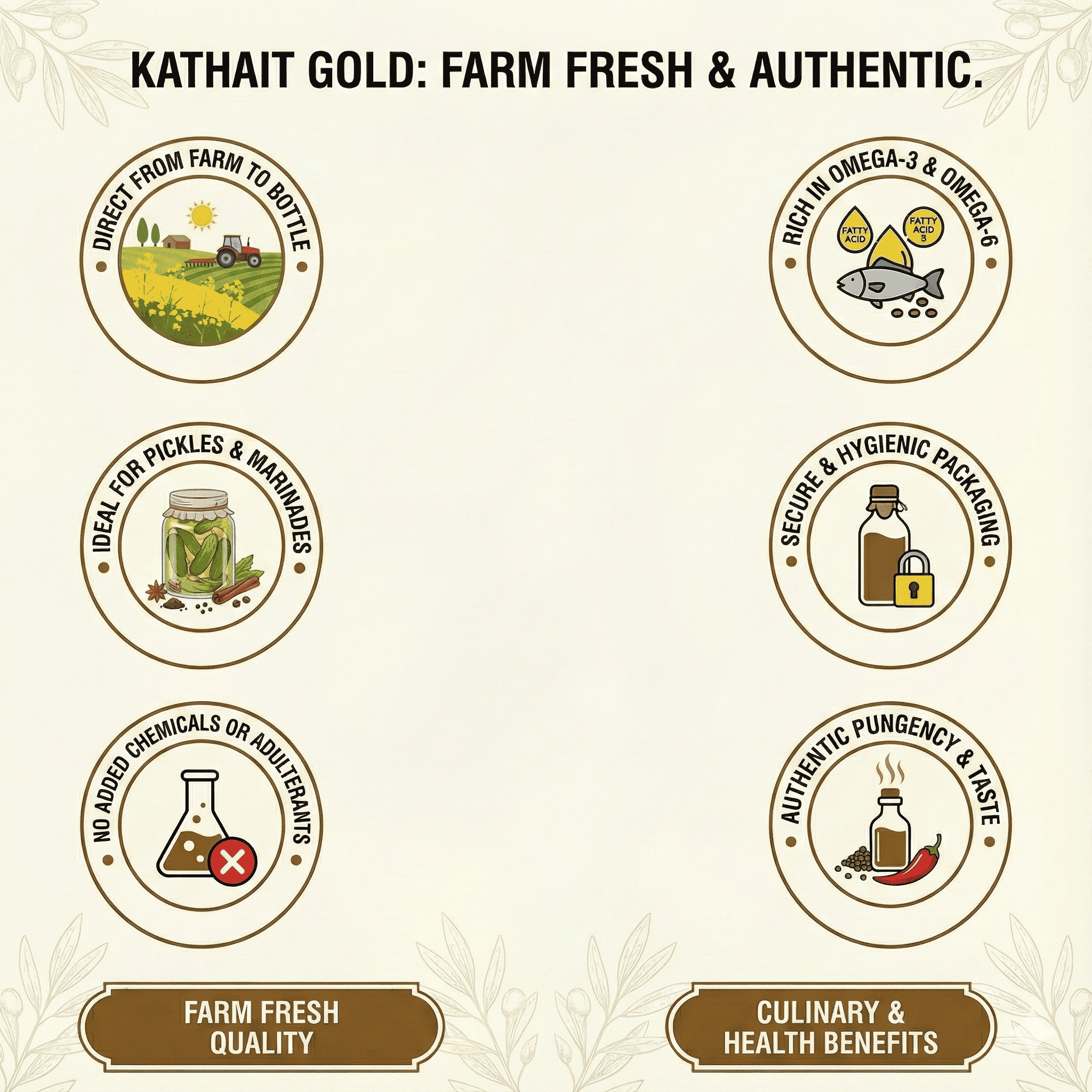Kathait Gold Cold Pressed Black Mustard Oil – 100% Pure Kacchi Ghani Sarson Ka Tel 7 &Quot;Kathait Gold Mustard Oil Farm Fresh Benefits Infographic Highlighting Direct Farm To Bottle Sourcing, Ideal Usage For Pickles And Marinades, No Added Chemicals Or Adulterants, Rich In Omega-3 And Omega-6, Secure Hygienic Packaging, And Authentic Pungency And Taste.&Quot;