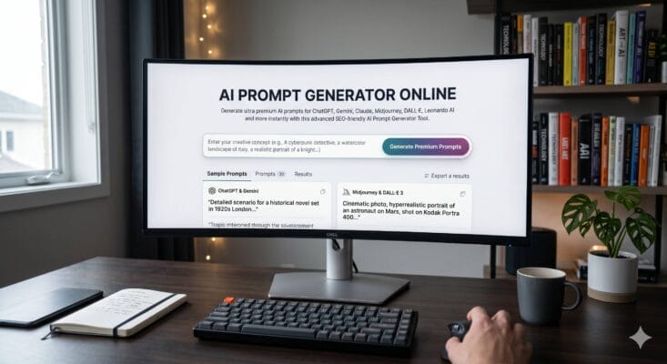 Ai Prompt Generator Online Tool Displayed On A Curved Monitor Setup With Modern Workspace, Keyboard, Coffee Mug, Bookshelves And Minimalist Office Background.