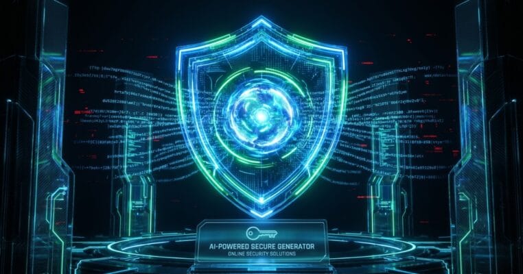 Glowing Blue And Green Digital Shield Over A Podium Labeled &Quot;Ai-Powered Secure Generator