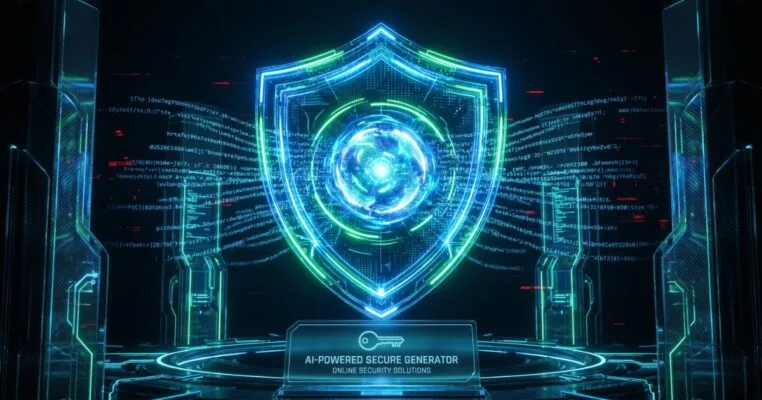 Glowing Blue And Green Digital Shield Over A Podium Labeled &Quot;Ai-Powered Secure Generator