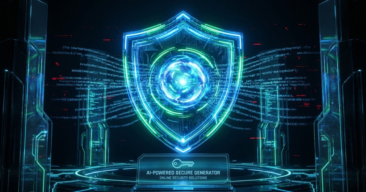 Glowing Blue And Green Digital Shield Over A Podium Labeled &Quot;Ai-Powered Secure Generator