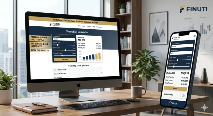 Finuti Smart Emi Calculator Showing A Responsive Desktop And Mobile Interface With Dynamic Inputs, Loan Calculation Results, And Integrated Faqs.