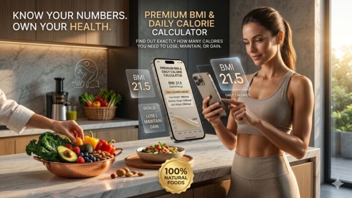 A Premium, Cinematic Luxury Kitchen Scene Featuring An Athletic Woman Checking Floating Holographic Health Metrics (Bmi And Calories) On Her Phone Next To A Vibrant Bowl Of Fresh, 100% Natural Vegetables.