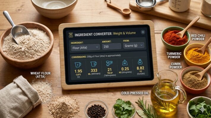 Ingredient Weight &Amp; Volume Converter Convert Cups, Grams, Milliliters, Tablespoons, Kilograms, And Ounces Instantly Using Realistic Ingredient Density Values For Atta, Cold Pressed Oils, Spices, And Everyday Cooking Ingredients.