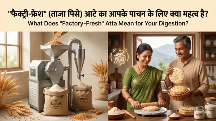 Featured Image Showing A Modern Pulverizer Mill Filling Kathait Gold Sacks Alongside An Indian Couple Making Fresh Rotis With A Hilvera Flour Jar.