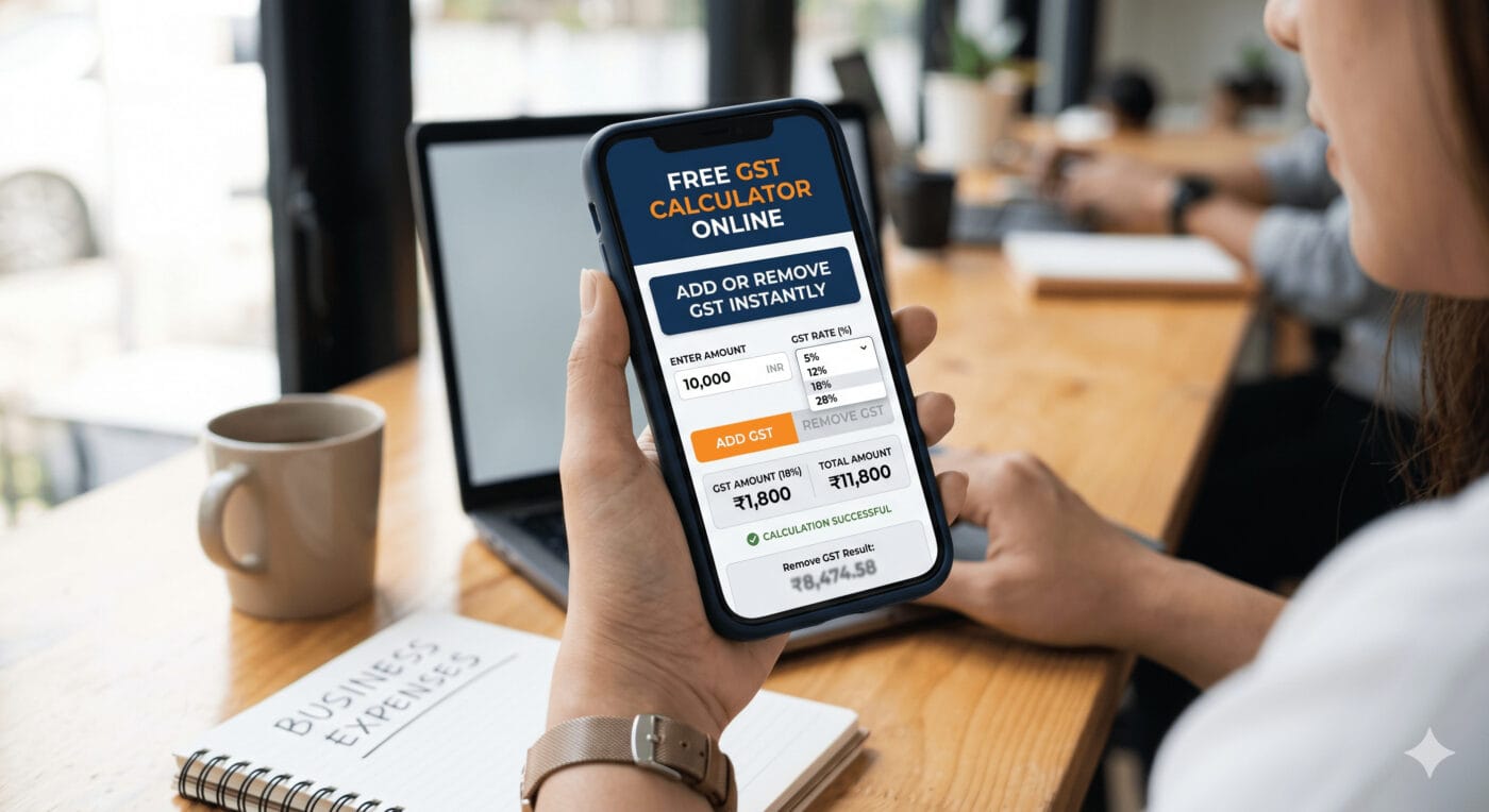 Clickable Banner Text Reading 'Free Gst Calculator Online - Add Or Remove Gst Instantly' Next To A Digital Calculator.