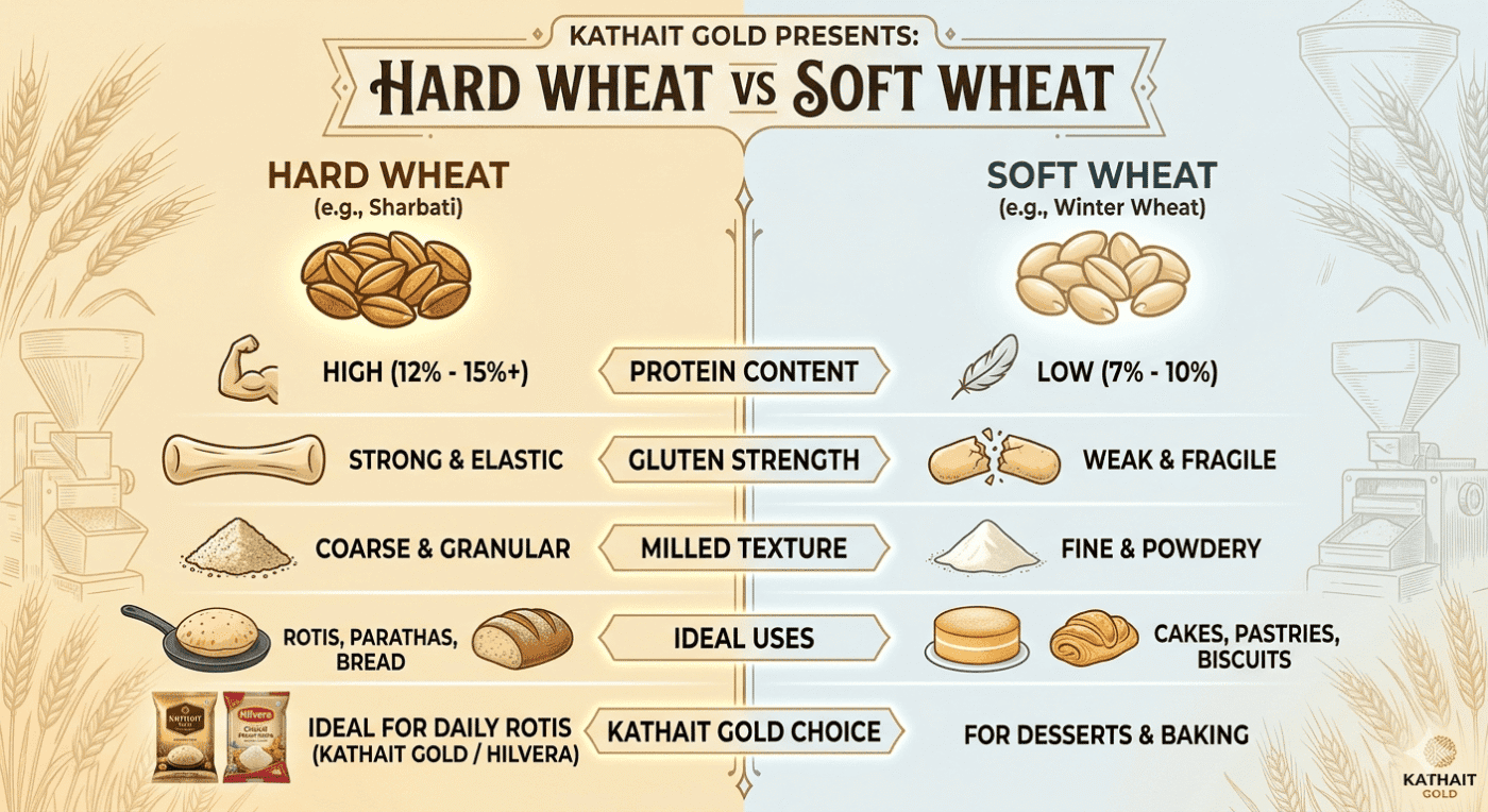 &Quot;Infographic Comparing Hard Wheat Vs. Soft Wheat By Kathait Gold. Hard Wheat, Such As The Sharbati Used In Kathait Gold And Hilvera Chakki Fresh Atta, Features High Protein (12-15%+) And Strong, Elastic Gluten Ideal For Making Soft Rotis And Parathas. Soft Wheat Has Lower Protein (7-10%) And A Fine, Powdery Texture Best Suited For Baking Cakes And Pastries.&Quot;