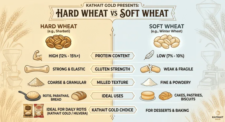&Quot;Infographic Comparing Hard Wheat Vs. Soft Wheat By Kathait Gold. Hard Wheat, Such As The Sharbati Used In Kathait Gold And Hilvera Chakki Fresh Atta, Features High Protein (12-15%+) And Strong, Elastic Gluten Ideal For Making Soft Rotis And Parathas. Soft Wheat Has Lower Protein (7-10%) And A Fine, Powdery Texture Best Suited For Baking Cakes And Pastries.&Quot;