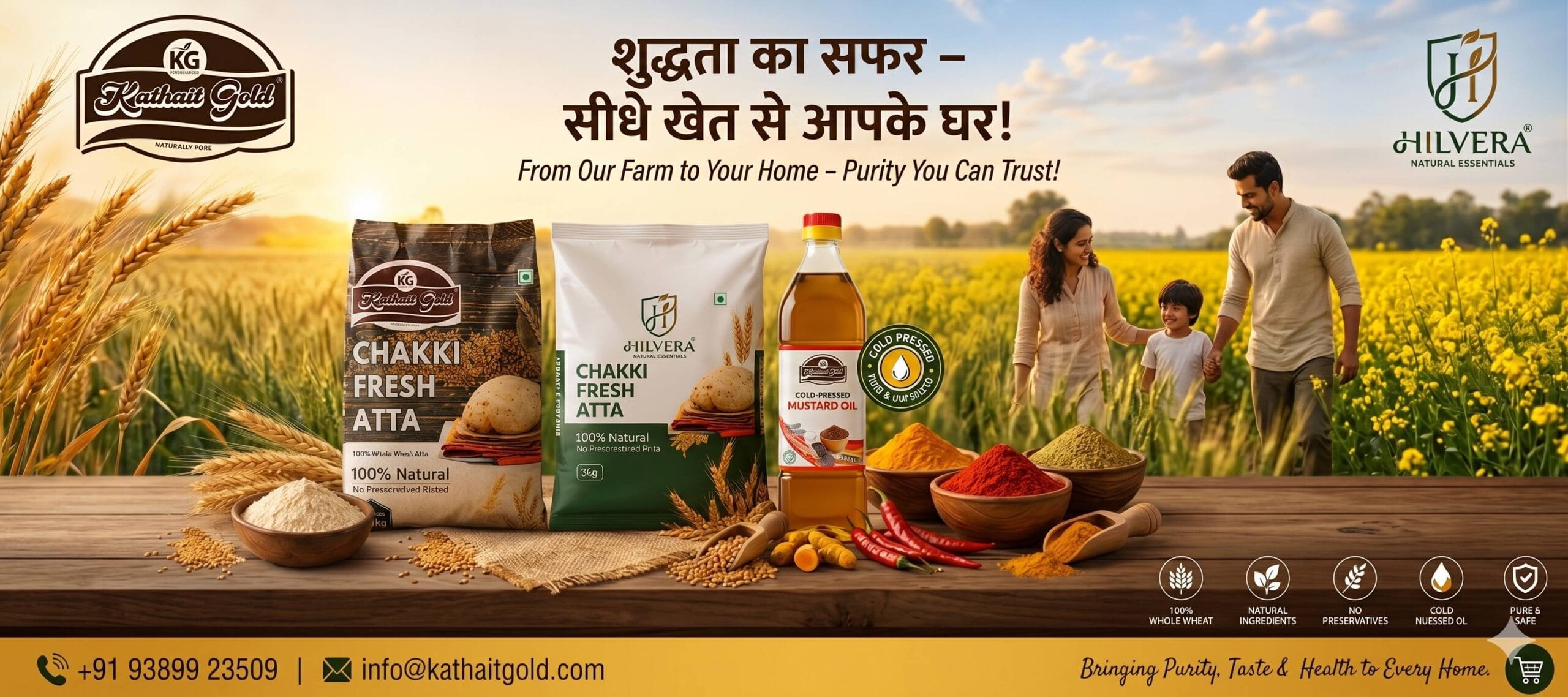 &Quot;Hero Banner For Kathait Gold And Hilvera Featuring A Bag Of Kathait Gold Chakki Fresh Atta, A Bag Of Hilvera Whole Wheat Atta, A Bottle Of Cold-Pressed Mustard Oil, And Bowls Of Pure Ground Spices On A Rustic Wooden Table. In The Background, A Happy Family Walks Through A Sunny, Golden Wheat And Mustard Field. The Banner Includes The Tagline 'From Our Farm To Your Home – Purity You Can Trust!' Along With The Brand Logos And Contact Details.&Quot;