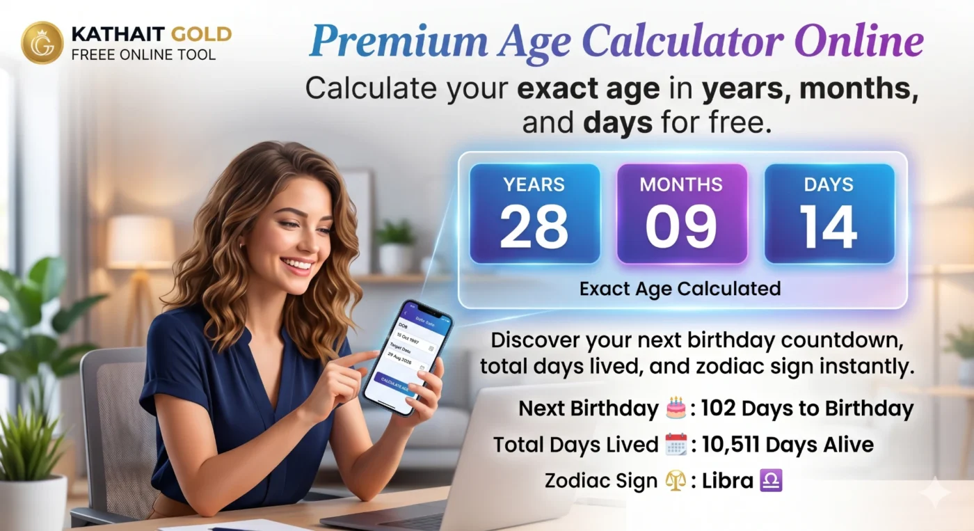 Promotional Banner For The Kathait Gold Premium Age Calculator Online, Showing A Woman Calculating Her Exact Age In Years, Months, And Days, Along With Her Next Birthday Countdown And Zodiac Sign.