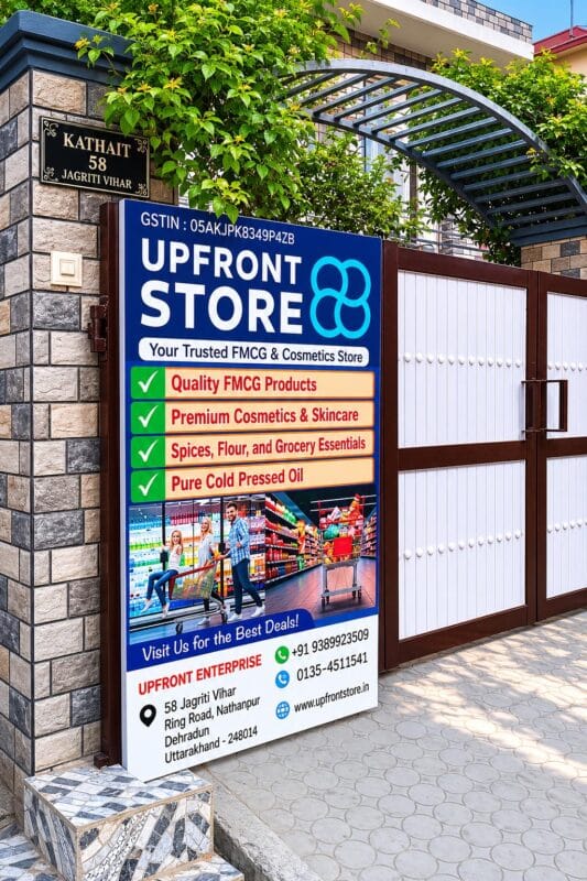 Upfront Enterprise Exterior: Decorative Gate, Green Canopy. Fmcg Billboard For Kathait Gold Oils, Hilvera Groceries &Amp; Cosmetics. Photorealistic, Sunny.