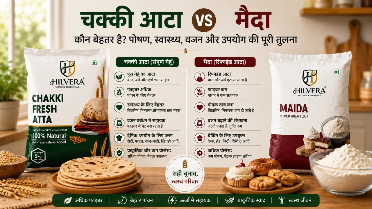 चक्की आटा Vs मैदा तुलना – पोषण, स्वास्थ्य, वजन प्रबंधन और दैनिक उपयोग के आधार पर संपूर्ण हिंदी गाइड