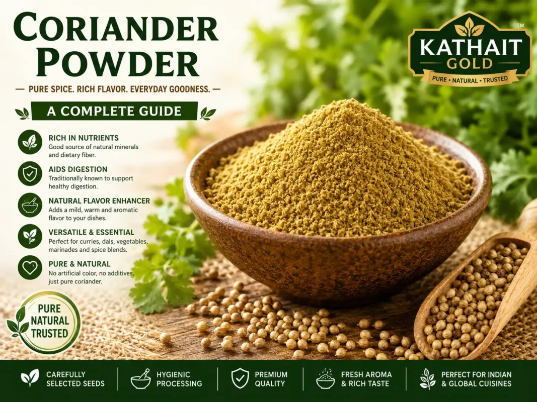 Coriander Powder Complete Guide | Benefits, Uses & Quality 1 A Premium Educational Infographic By Kathait Gold™ Showcasing Coriander Powder (Dhania Powder), Including Nutritional Benefits, Culinary Applications, Quality Standards, Hygienic Processing, And Premium Spice Manufacturing Practices.