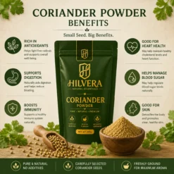 Hilvera Coriander Powder benefits infographic with key health and wellness highlights
