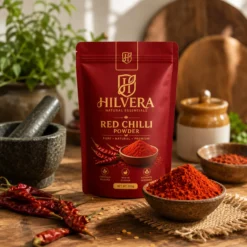 Hilvera Red Chilli Powder 100g packet on a wooden kitchen counter with a mortar, pestle, and fresh red chillies.