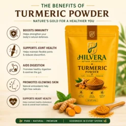 Hilvera Turmeric Powder infographic highlighting the health benefits of turmeric, including boosts immunity, supports joint health, aids digestion, promotes glowing skin, and supports heart health.
