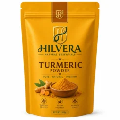 Hilvera Natural Essentials Turmeric Powder, 100% pure turmeric spice in resealable pouch with turmeric roots and powder, high-quality cooking ingredient.