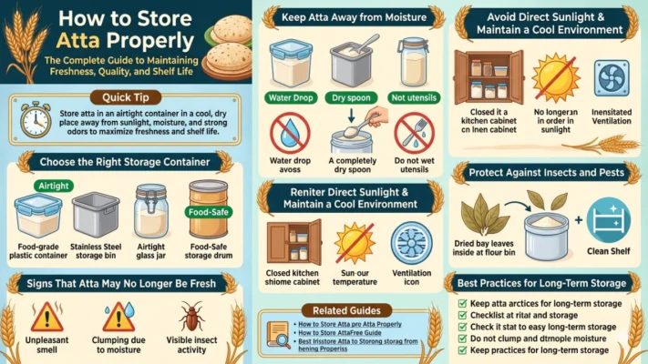 Infographic Guide On How To Store Atta Properly Showing Airtight Containers, Moisture Prevention Steps, And Natural Pest Control Tips For Whole Wheat Flour Freshness.
