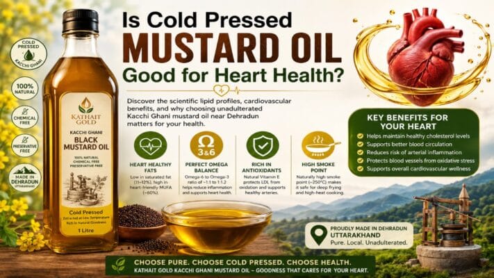 Kathait Gold Cold Pressed Kacchi Ghani Mustard Oil Bottle With Heart Health Benefits, Omega-3 Fatty Acids, Antioxidants, And Pure Unadulterated Mustard Oil Made In Dehradun Uttarakhand.