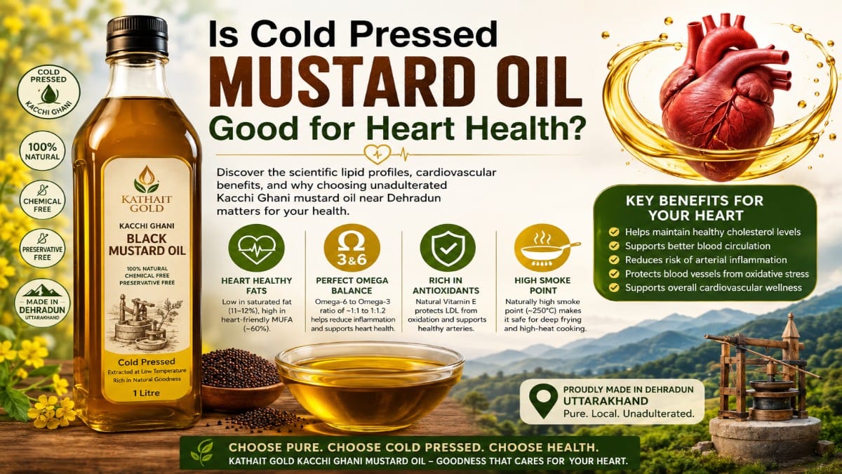 Kathait Gold Cold Pressed Kacchi Ghani Mustard Oil Bottle With Heart Health Benefits, Omega-3 Fatty Acids, Antioxidants, And Pure Unadulterated Mustard Oil Made In Dehradun Uttarakhand.