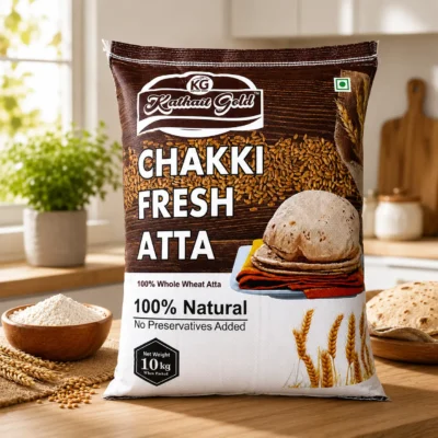 Kathait Gold 100% Natural Whole Wheat Flour Packaging. Premium Chakki Fresh Atta 10Kg Bag On A Kitchen Counter, Showcasing Healthy, Preservative-Free Ingredients For Everyday Indian Cooking.
