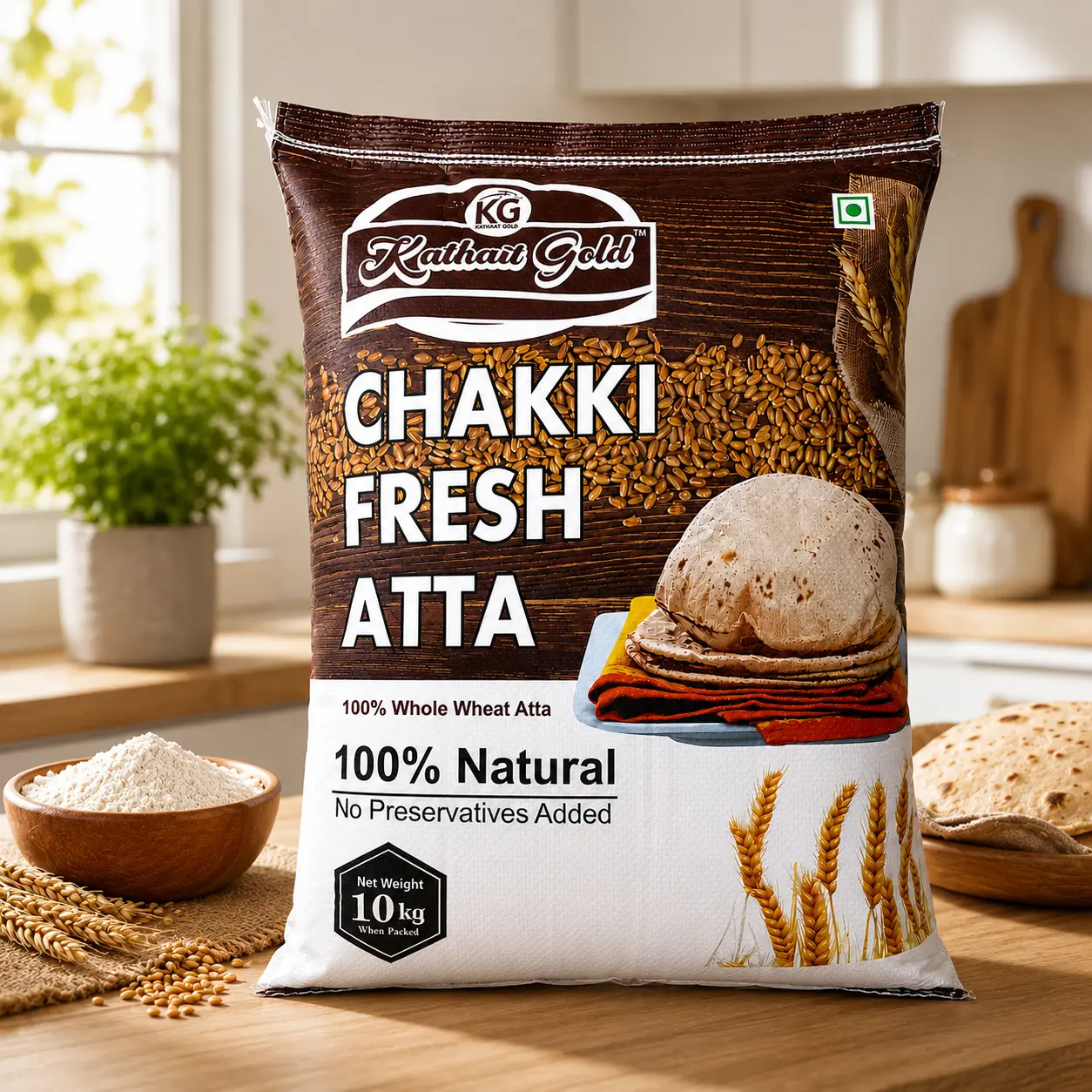 Kathait Gold Premium Whole Wheat Atta | 100% Natural & Fine Milled 2 Kathait Gold 100% Natural Whole Wheat Flour Packaging. Premium Chakki Fresh Atta 10Kg Bag On A Kitchen Counter, Showcasing Healthy, Preservative-Free Ingredients For Everyday Indian Cooking.