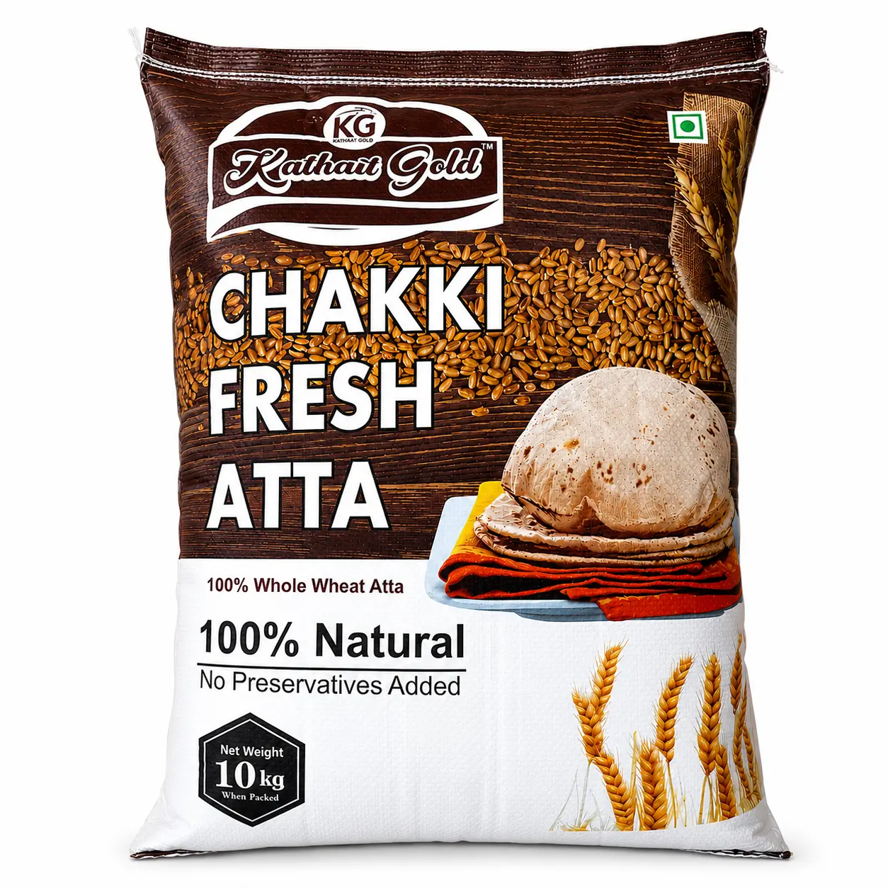 Kathait Gold Premium Whole Wheat Atta | 100% Natural & Fine Milled 1 Kathait Gold 100% Whole Wheat Flour, Chakki Fresh Atta 10Kg Packaging With Natural Premium Ingredients.