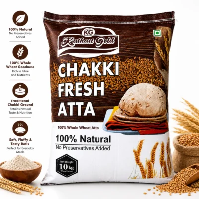 Kathait Gold Chakki Fresh Atta 10Kg Pack Promotional Image Showcasing Product Features: 100% Natural, High-Fiber Whole Wheat Goodness, Traditional Chakki Ground, And Soft, Fluffy Rotis.