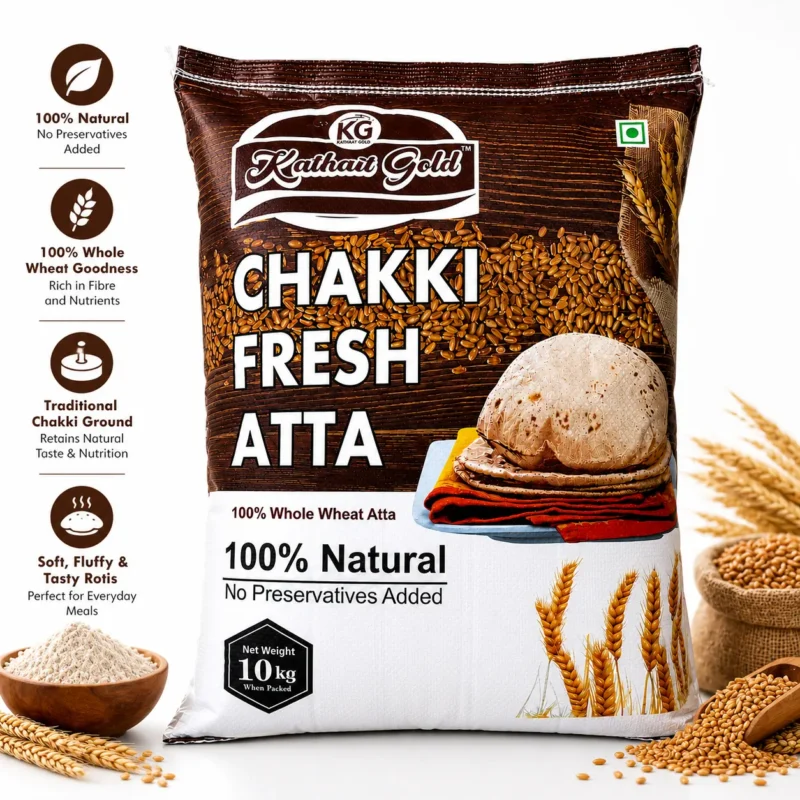 Kathait Gold Chakki Fresh Atta | 100% Pure Whole Wheat Flour Dehradun 1 Kathait Gold Chakki Fresh Atta 10Kg Pack Promotional Image Showcasing Product Features: 100% Natural, High-Fiber Whole Wheat Goodness, Traditional Chakki Ground, And Soft, Fluffy Rotis.