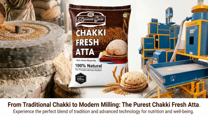 A Comparison Composite Banner Image For Kathait Gold Chakki Fresh Atta. The Left Side Captures A Traditional Stone-Grinding Chakki Mill With Wheat Grains Being Poured Into It. The Right Side Features A Modern Blue And Yellow Automated Aatomize Milling Machine. In The Center, A Premium 10Kg Pack Of Kathait Gold Chakki Fresh Atta Is Displayed With A Stack Of Soft Rotis And Wheat Stalks In Front, Illustrating The Transition From Traditional Purity To Modern Technical Milling Standards.