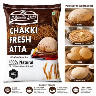 Kathait Gold Whole Wheat Flour Cooking Guide For Soft Rotis, Parathas, And Puris. Features Premium 10Kg Chakki Fresh Atta With Step-By-Step Dough Preparation Instructions.