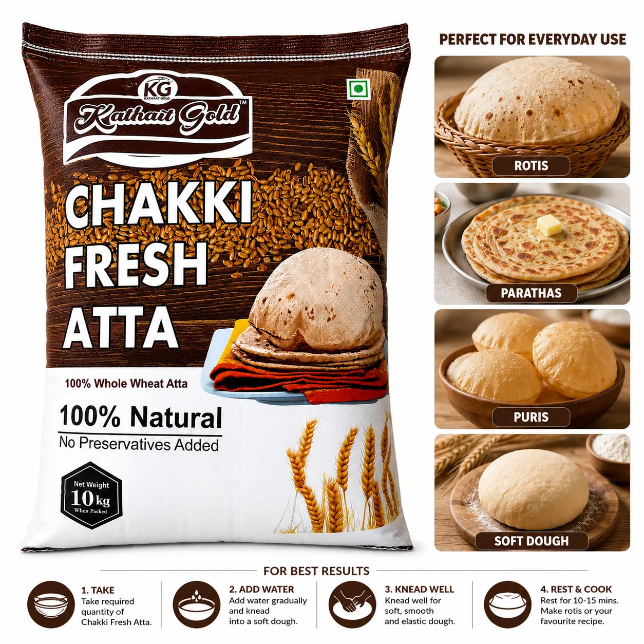 Kathait Gold Premium Whole Wheat Atta | 100% Natural & Fine Milled 4 Kathait Gold Whole Wheat Flour Cooking Guide For Soft Rotis, Parathas, And Puris. Features Premium 10Kg Chakki Fresh Atta With Step-By-Step Dough Preparation Instructions.