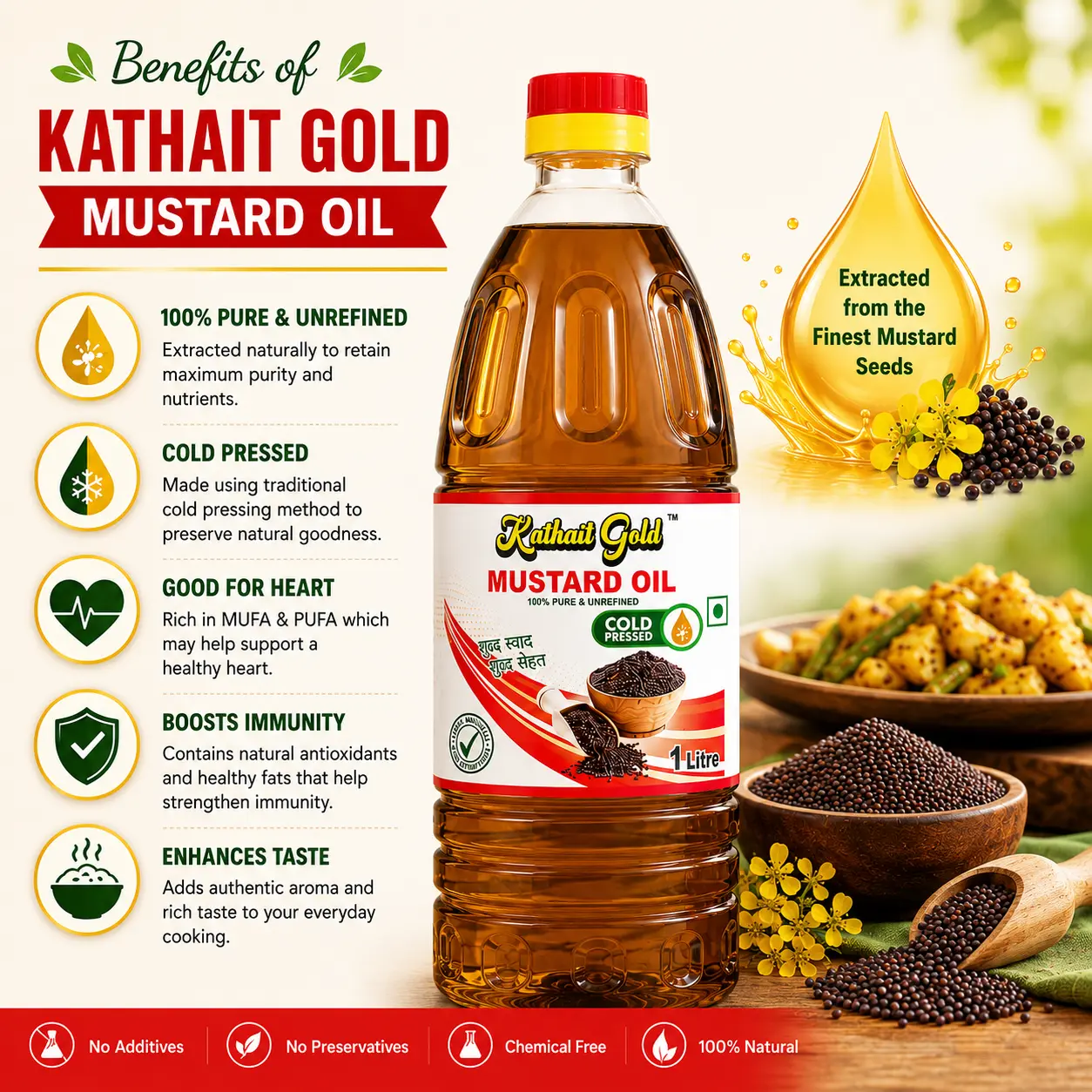 Kathait Gold Cold Pressed Black Mustard Oil – 100% Pure Kacchi Ghani Sarson Ka Tel 3 Kathait Gold Cold Pressed Mustard Oil Benefits Infographic: 100% Pure, Unrefined, And Heart-Healthy Kachi Ghani Oil.