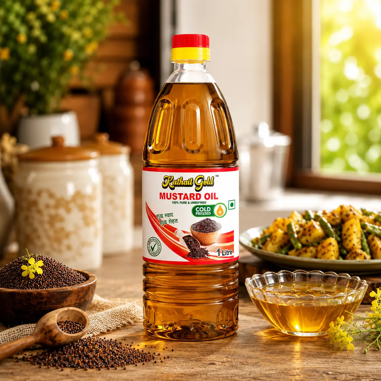 Kathait Gold Cold Pressed Black Mustard Oil – 100% Pure Kacchi Ghani Sarson Ka Tel 2 Kathait Gold Cold Pressed Mustard Oil 1L Bottle On A Kitchen Counter With Cooked Food, Oil Bowl, And Mustard Seeds.